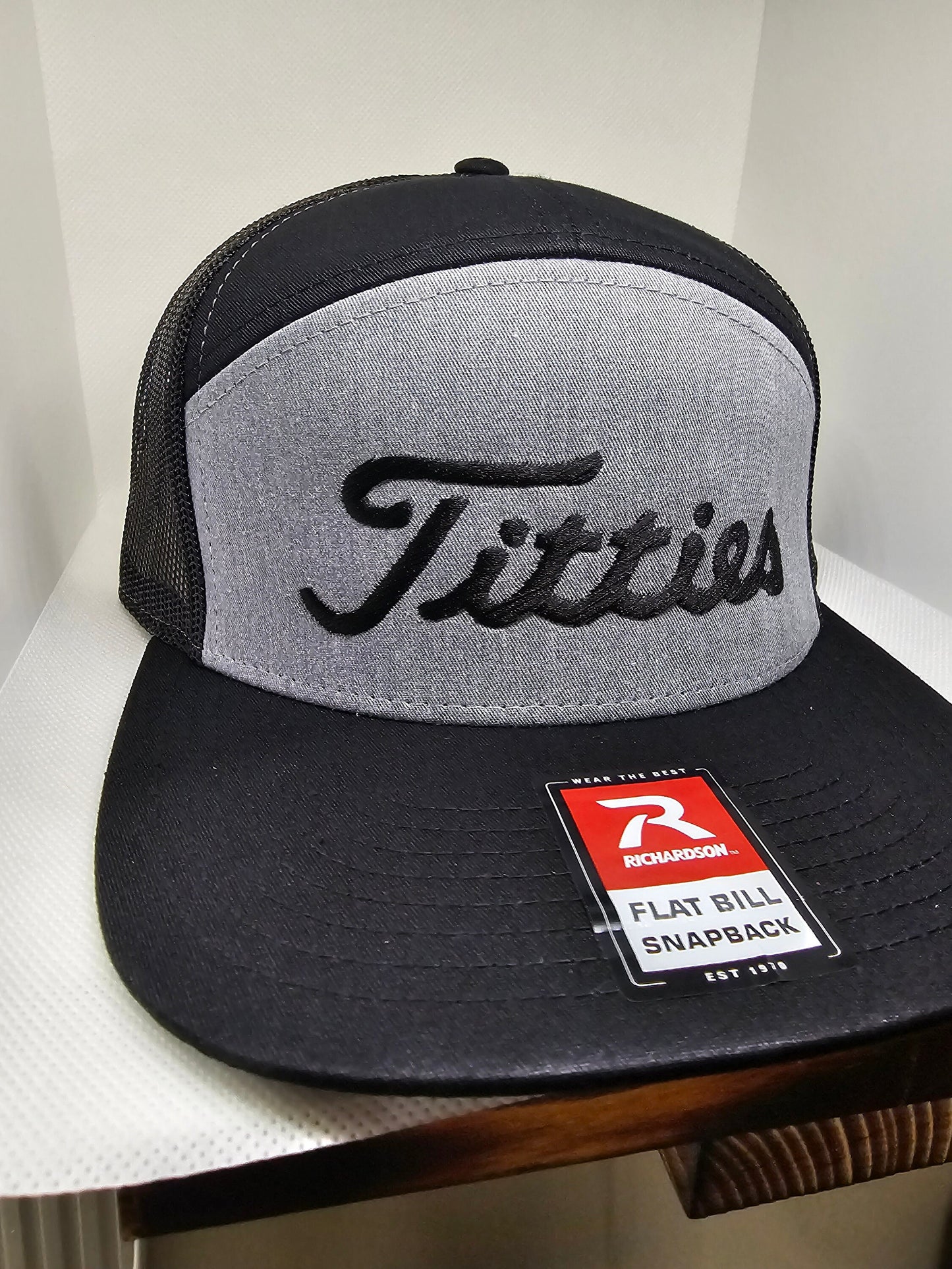Ti**ies embroidered hat on a Richardson 112 trucker round bill or 168 flat bill hat