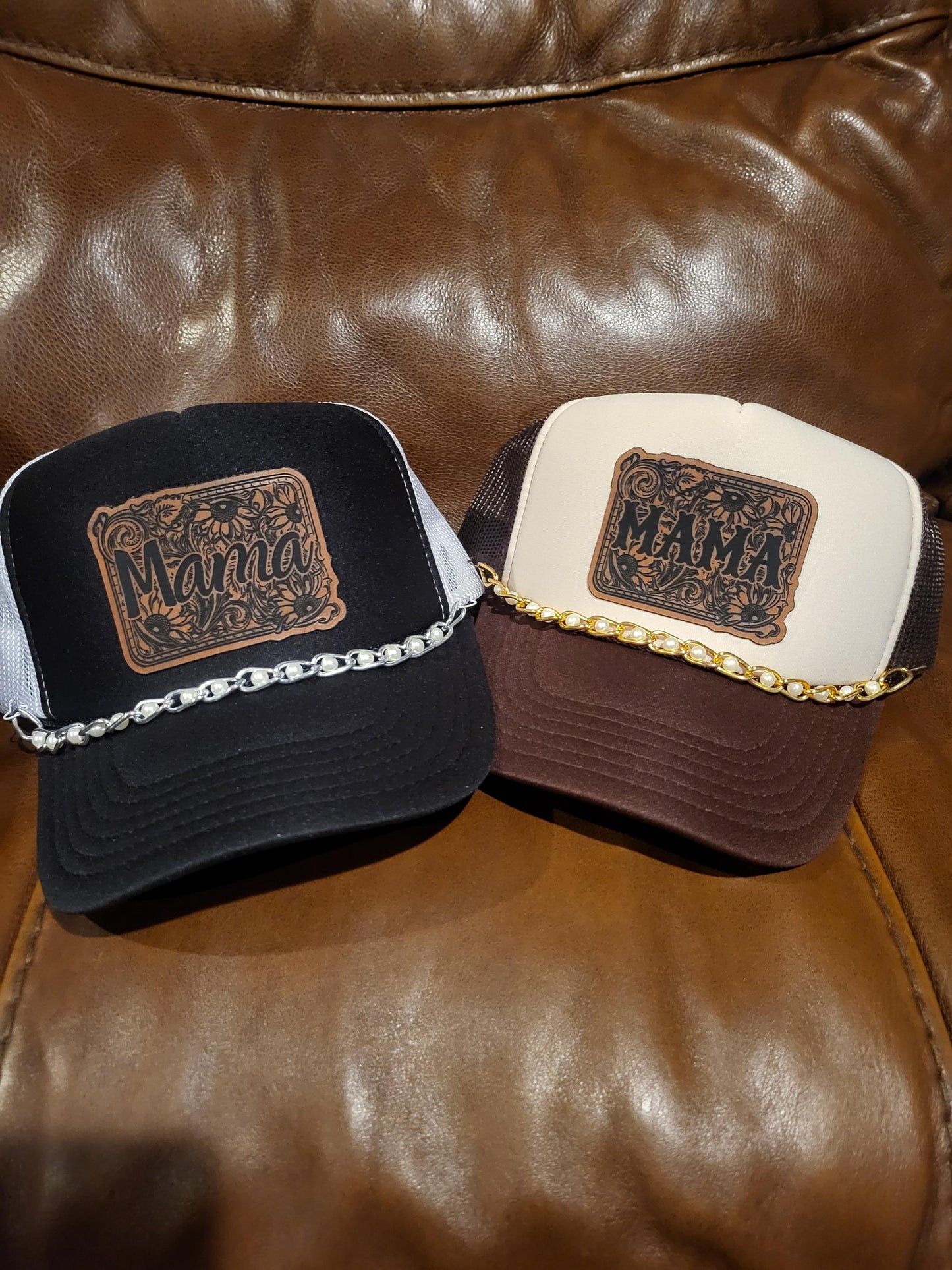 Mama tooled leatherette patch on a foam trucker hat with gold or silver pearl hat chain.