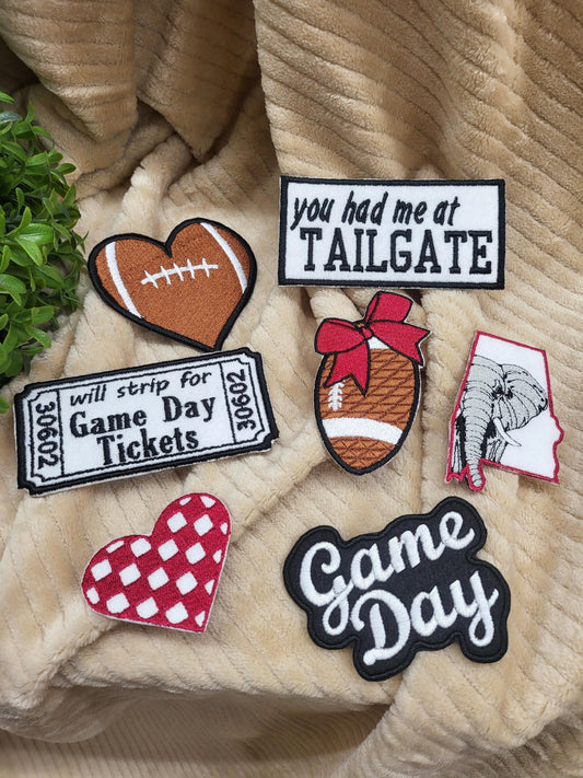 Football in crimson iron-on embroidered patches. Set of 5 or individual patches.