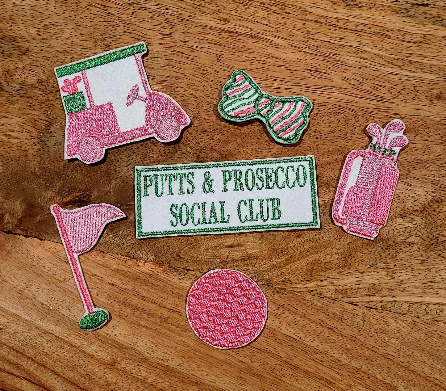 Putts and Prosecco golf themed pink and green iron on or sew on embroidered patches. Set of 6.