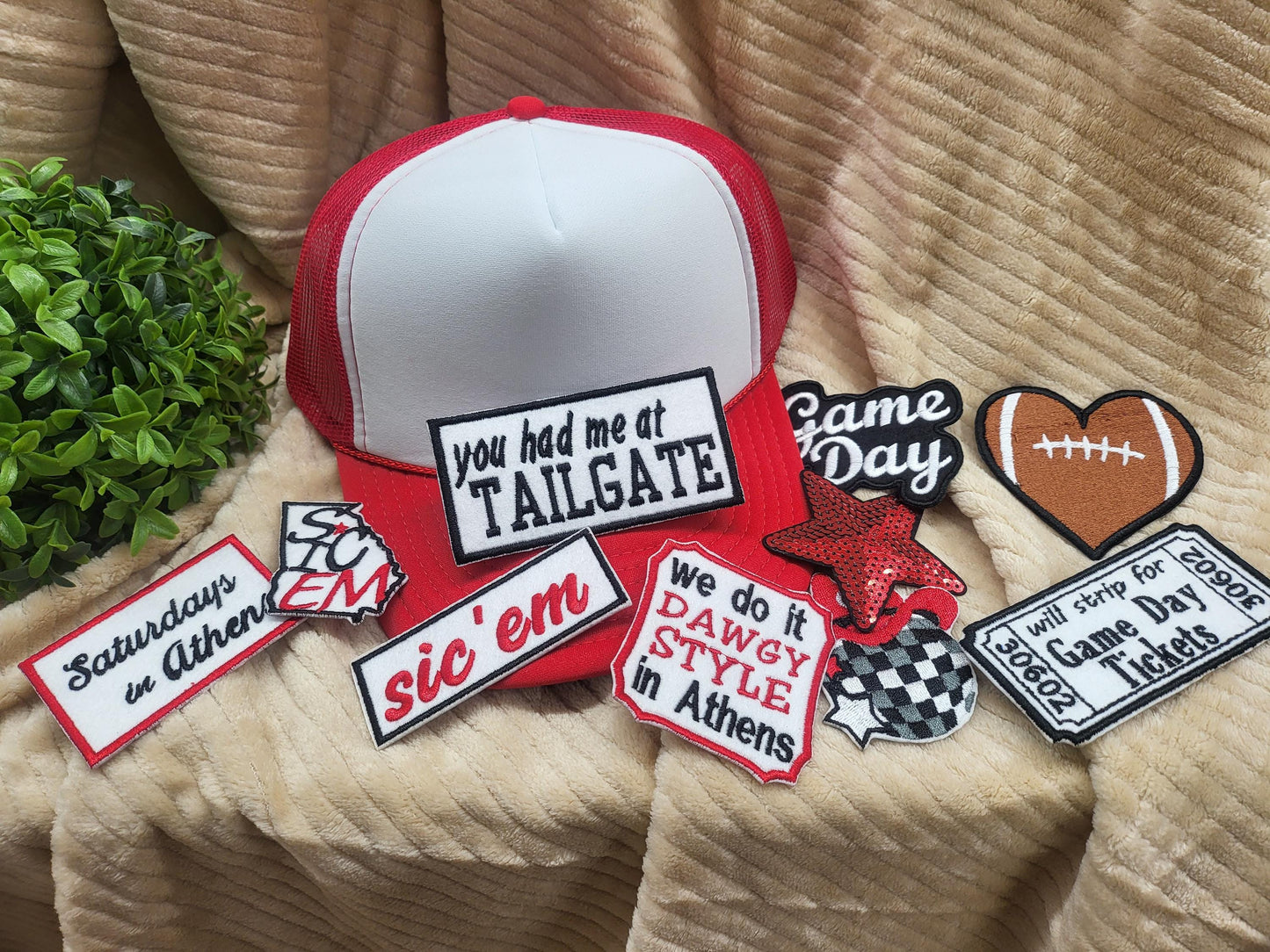 Football trucker hat with embroidered patches and hat chain. Item can be customized.