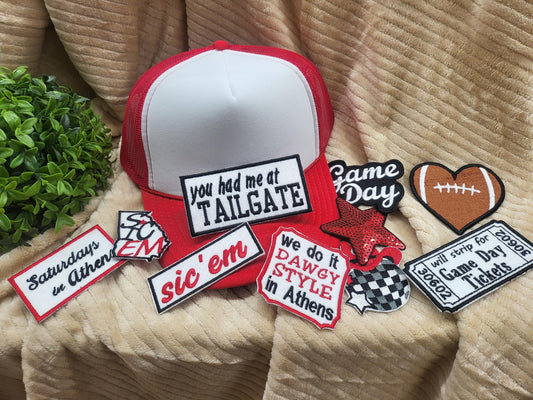 Football trucker hat with embroidered patches and hat chain. Item can be customized.