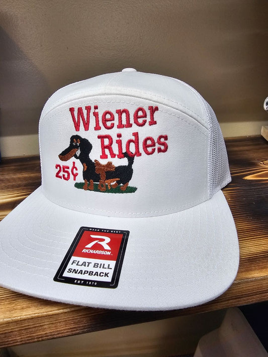 Embroidered weiner rides on a Richardson 112 trucker round bill or 168 flat bill hat