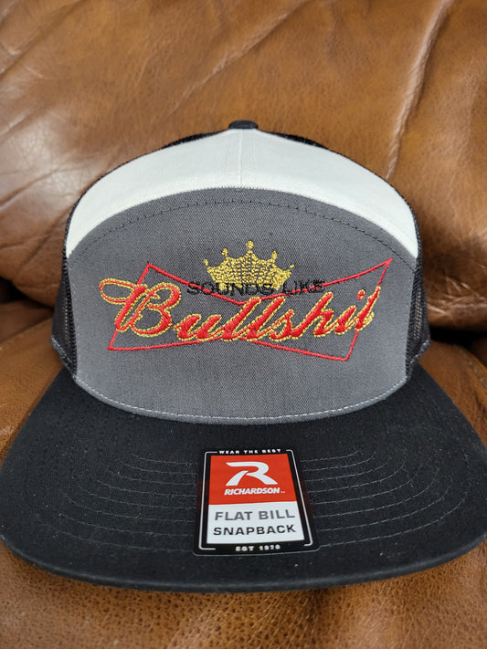 Sounds Like Bullshit embroidered hat on a Richardson 112 trucker round bill or 168 flat bill hat