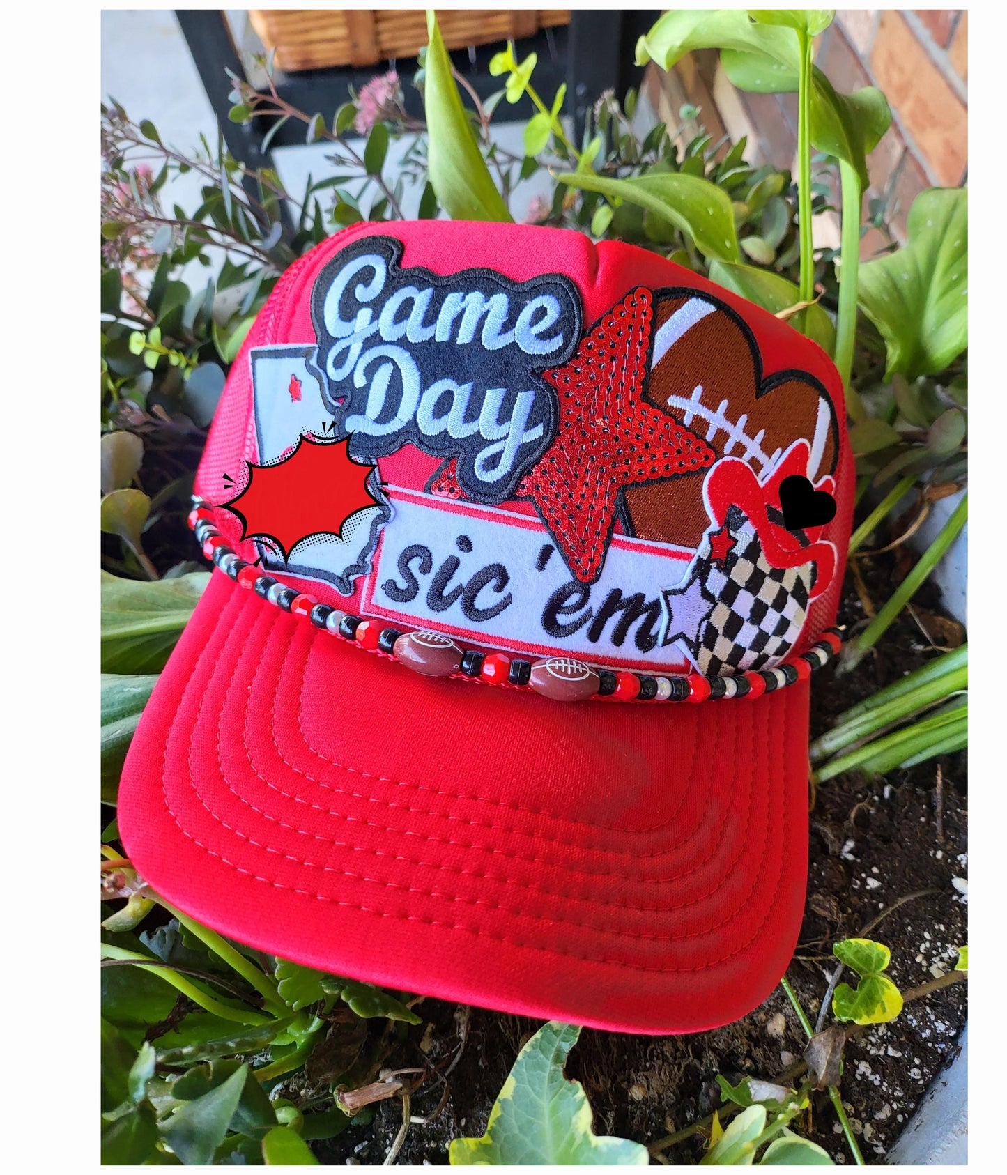 Football trucker hat with embroidered patches and hat chain. Item can be customized.