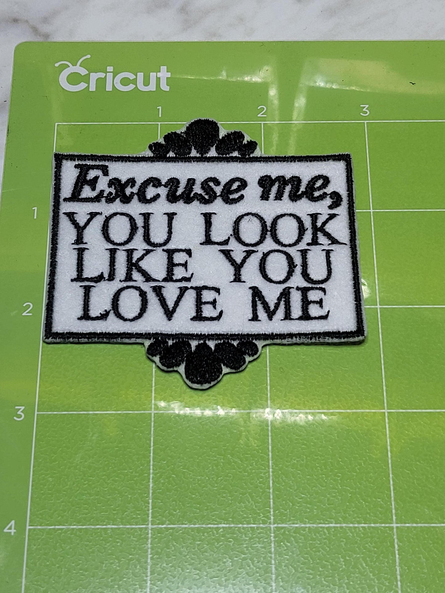 Iron-on embroidered Excuse Me You Look Like You Love Me patch on felt.