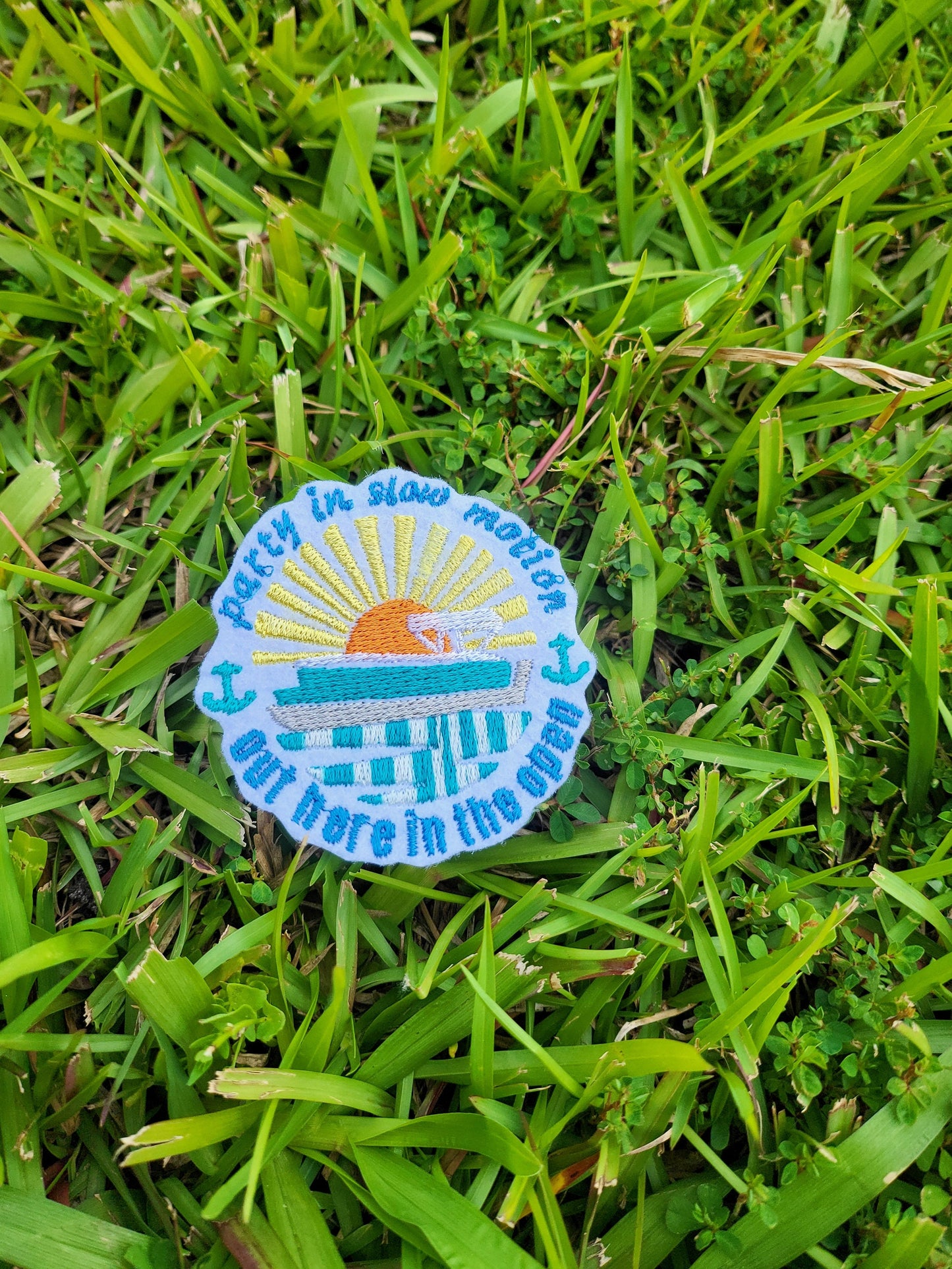 Party in slow motion out here in the open pontoon iron on or sew on embroidered patch