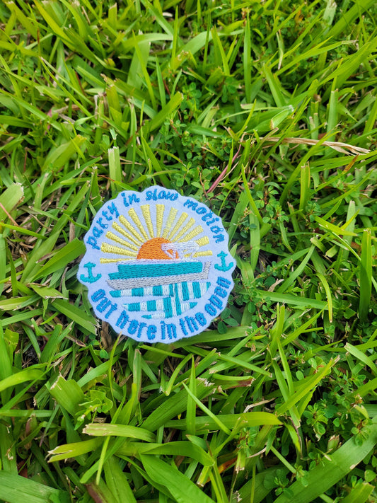 Party in slow motion out here in the open pontoon iron on or sew on embroidered patch