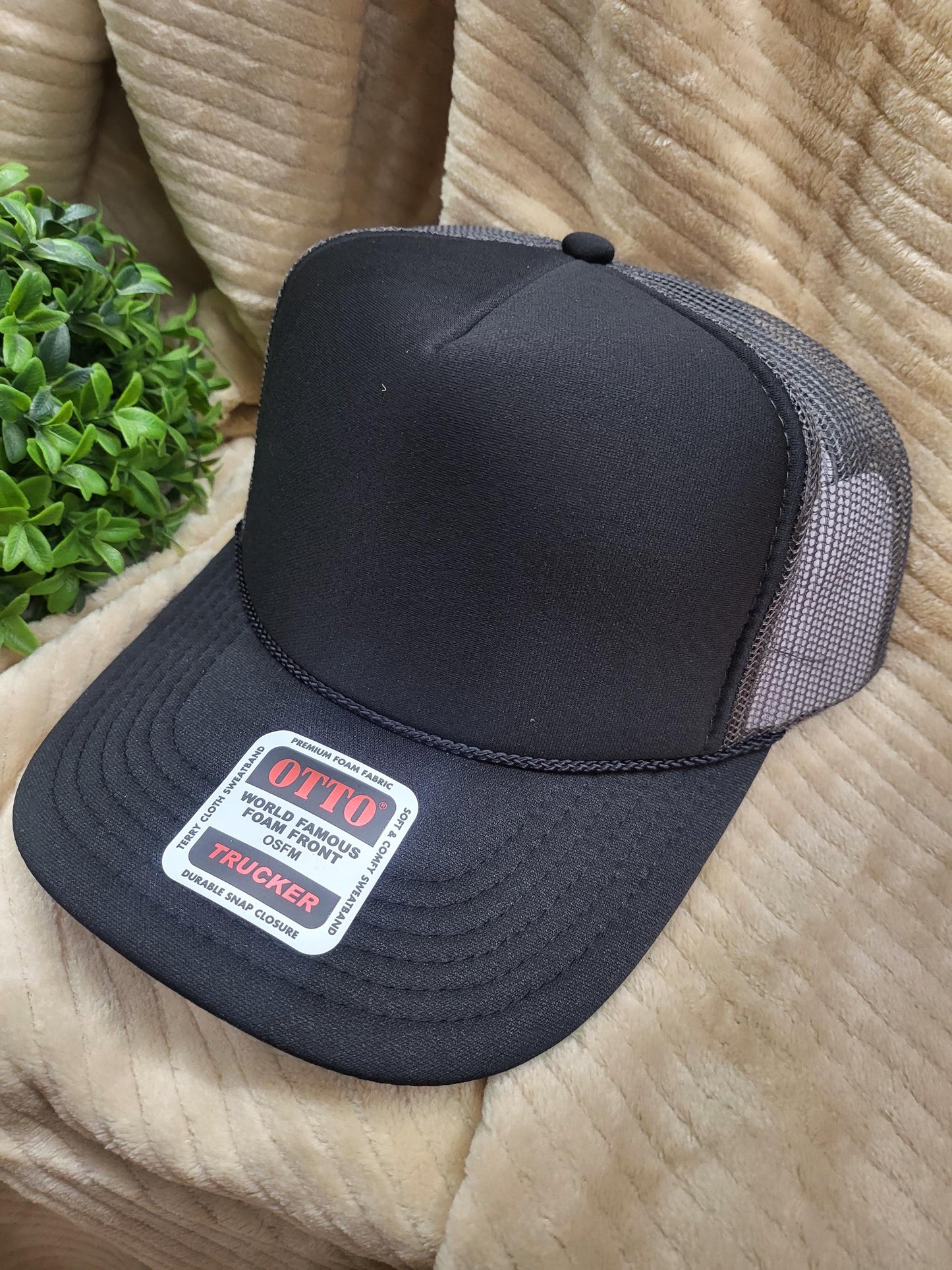 Football trucker hat with embroidered patches and hat chain. Item can be customized.