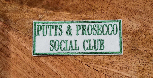 Putts and Prosecco golf themed green iron on or sew on embroidered patche. 1 patch. Hat not included.