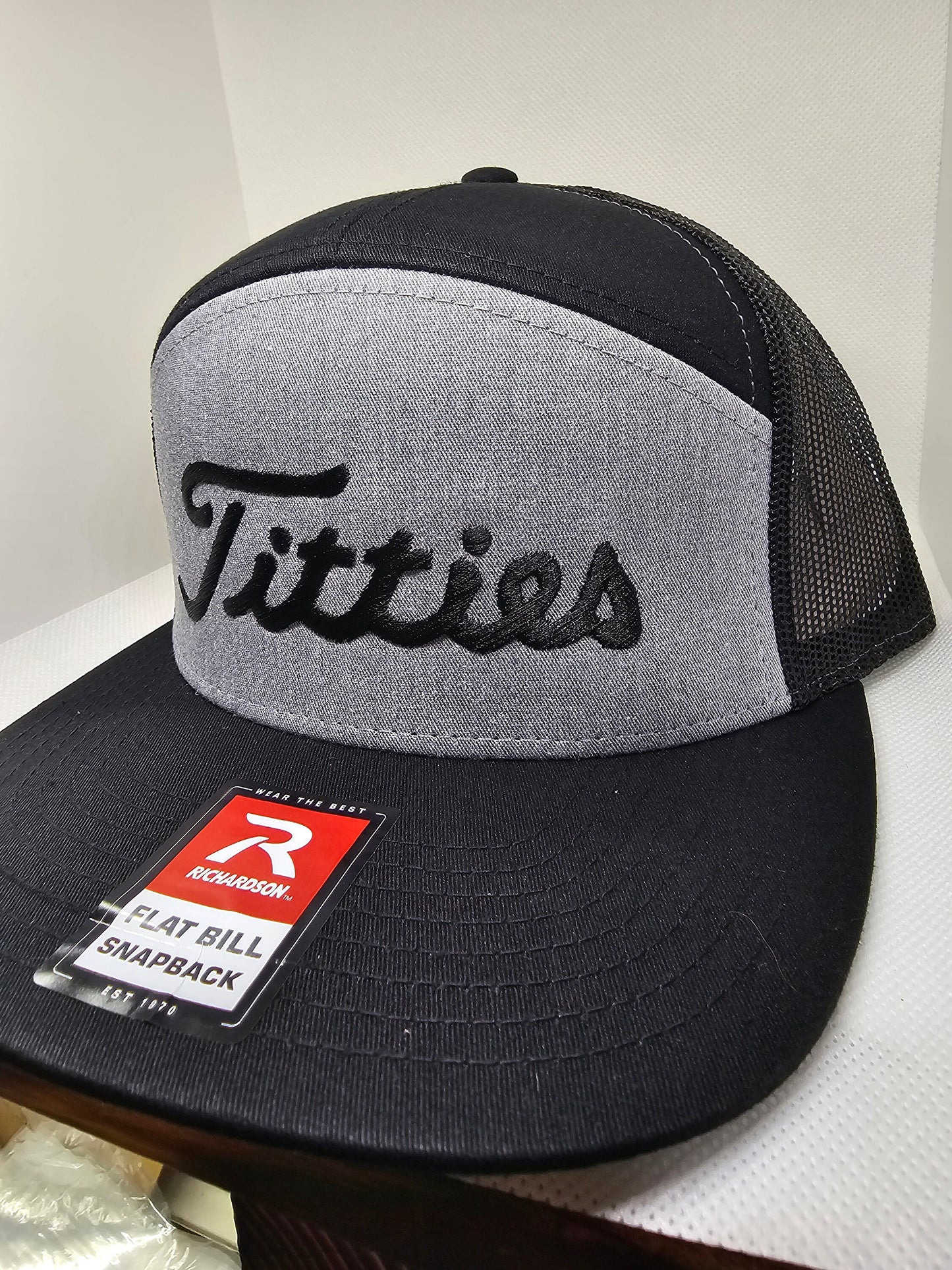 Ti**ies embroidered hat on a Richardson 112 trucker round bill or 168 flat bill hat
