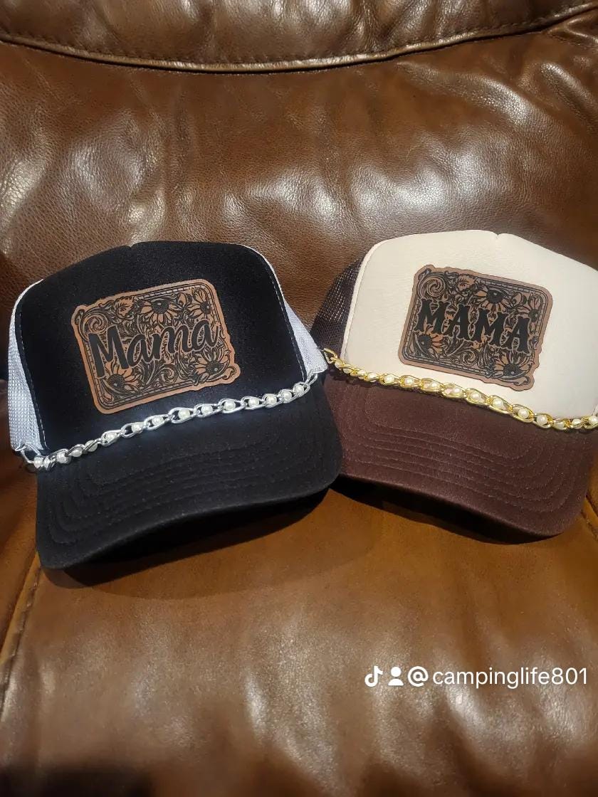 Mama tooled leatherette patch on a foam trucker hat with gold or silver pearl hat chain.