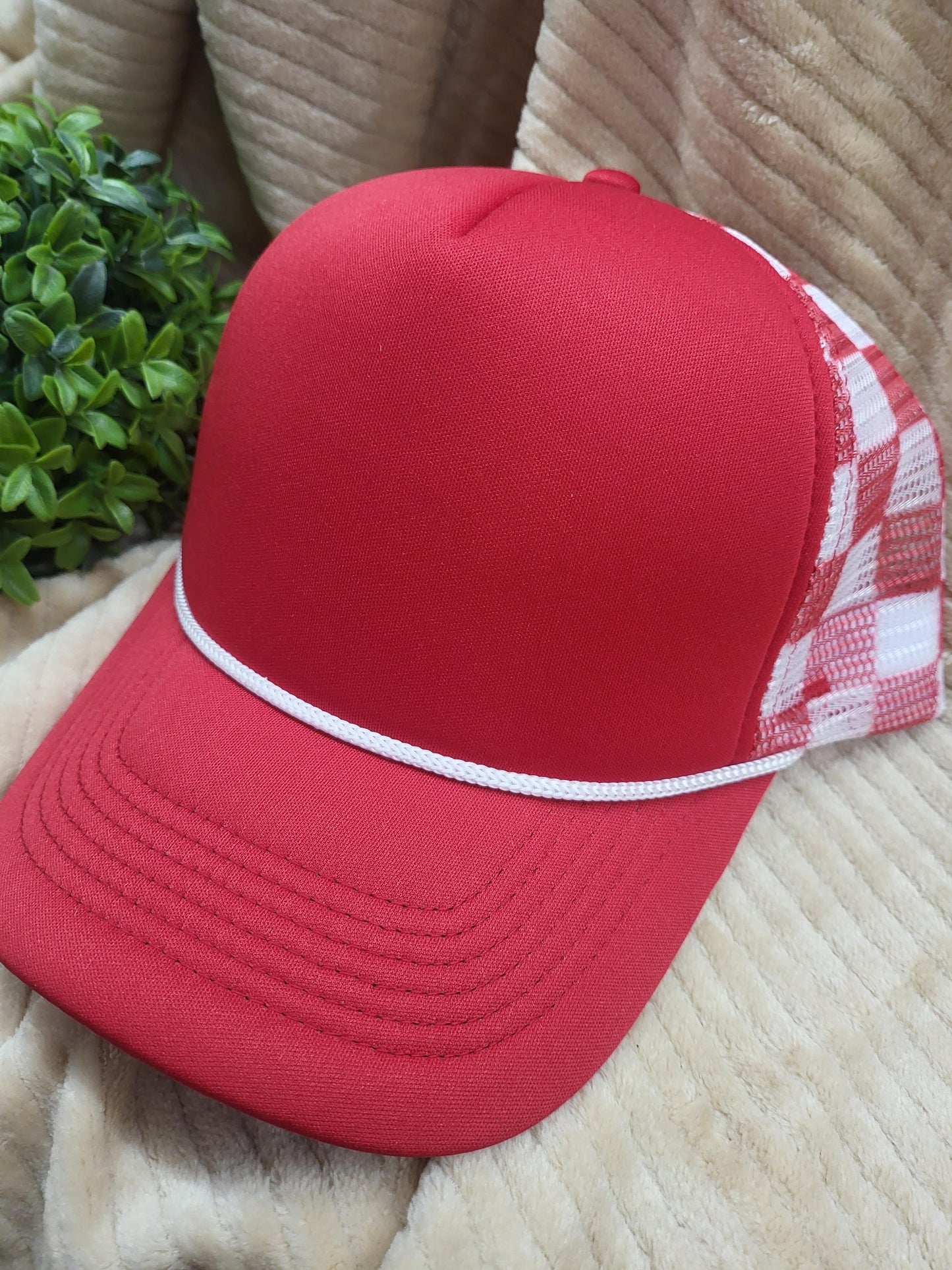 Football trucker hat with embroidered patches and hat chain. Item can be customized.