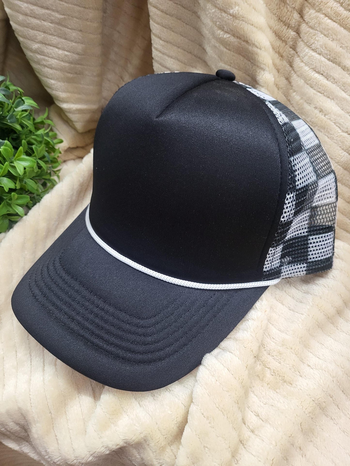 Football trucker hat with embroidered patches and hat chain. Item can be customized.