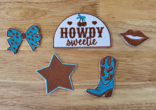 Howdy Sweetie embroidered iron-on patch set. Set of 5.