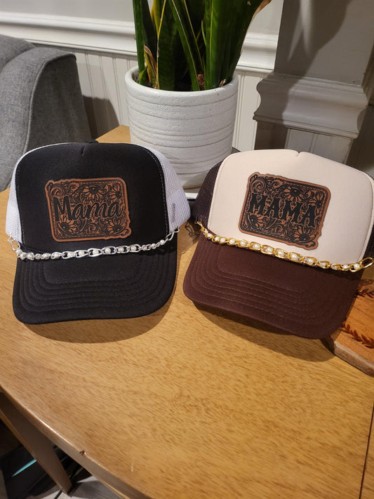 Mama tooled leatherette patch on a foam trucker hat with gold or silver pearl hat chain.