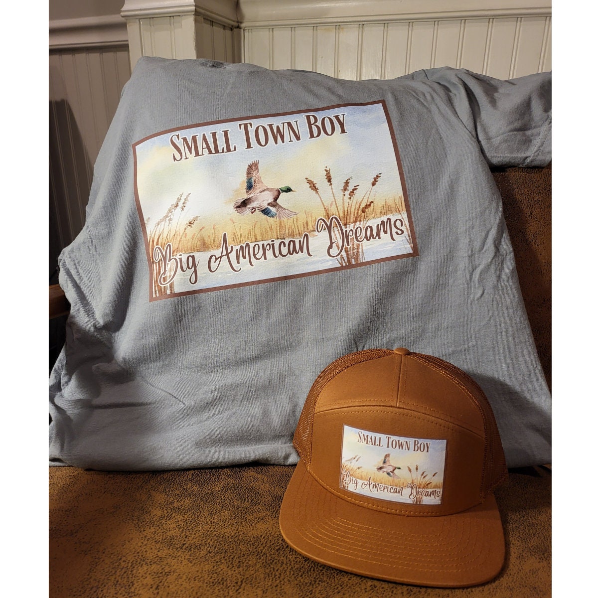 Small Town Boy Big American Dreams dtf transfer on Richardson 112 or 168